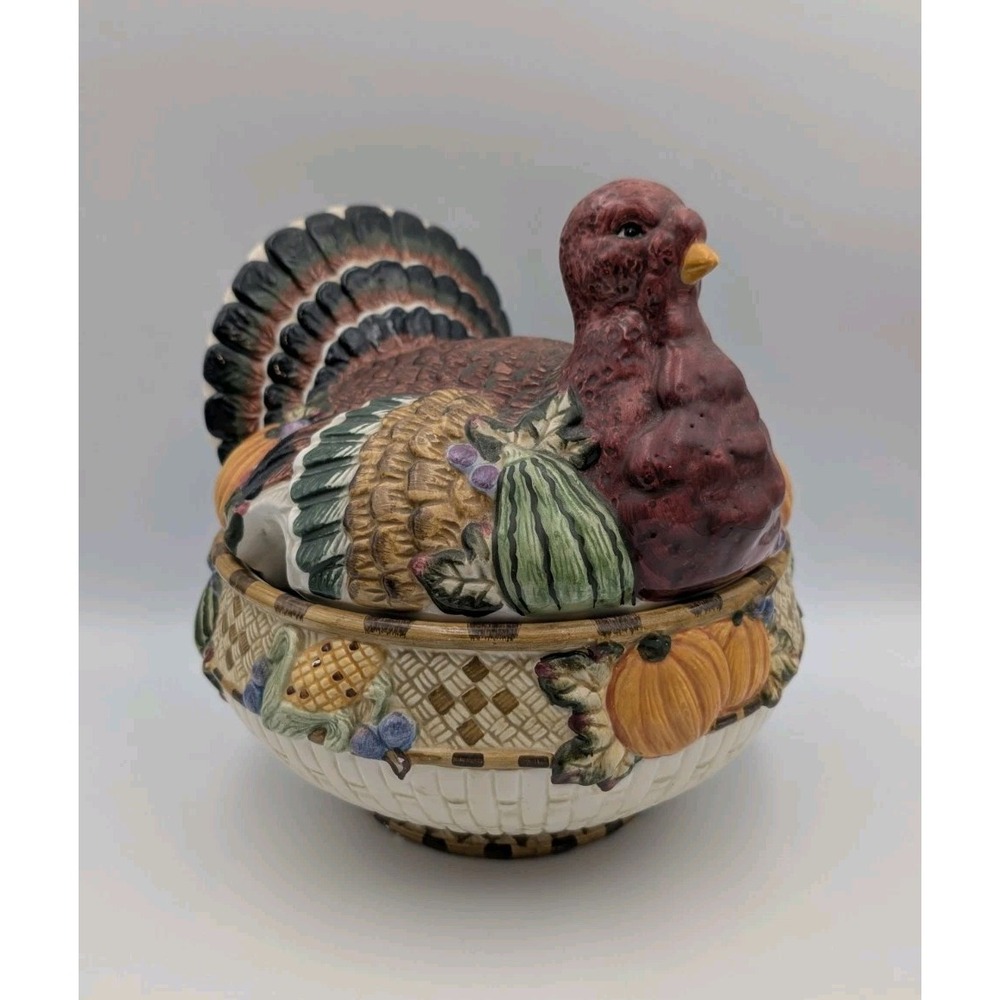 Vintage Colorful Turkey Soup Tureen w/Lid Holiday Thanksgiving Centerpiece READ